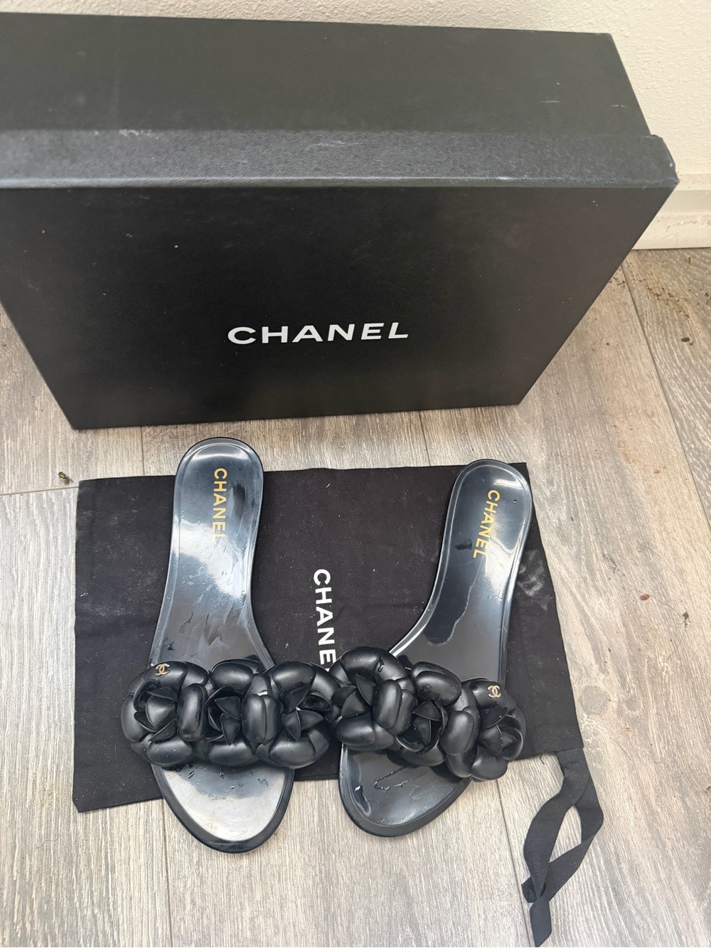 CHANEL Black Camellia  Slide Mules